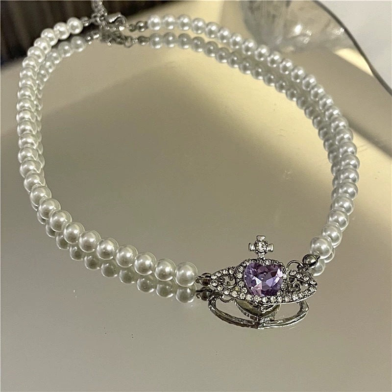 Saturn Romantic Universe Purple Love Planet Pearl Sweet Necklaces