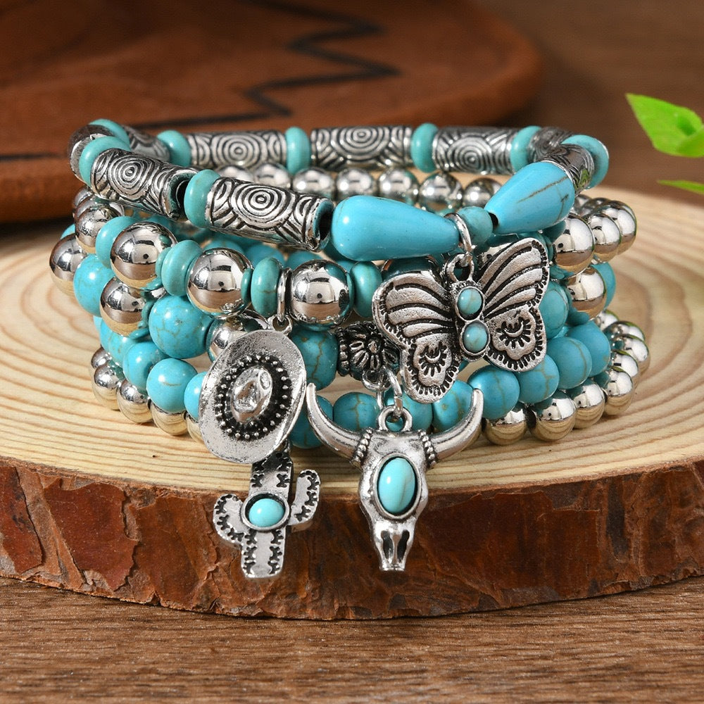 Wooden Bead Leather Rope Twin Ethnic Bracelet