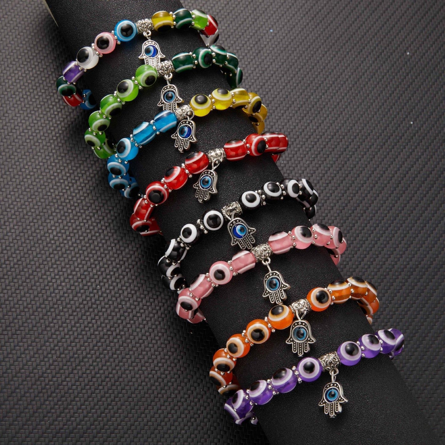Alloy Palm Hollow Blue Eyes Beaded Elastic Bracelet
