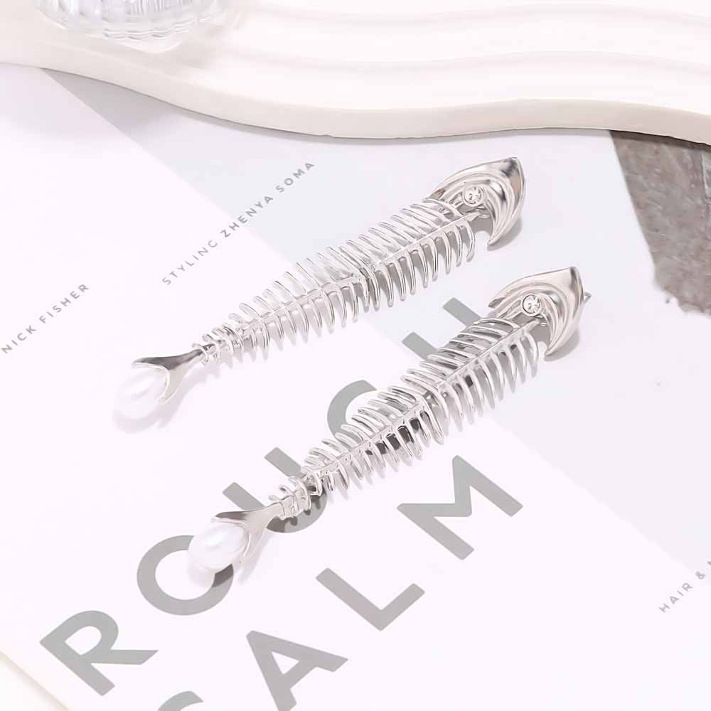 Long Alloy Fishbone Stitching Imitation Pearl Eardrops Design Sense Marine Rings