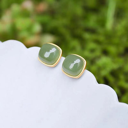 Style Natural Jade Green Square Simple Stud Earrings