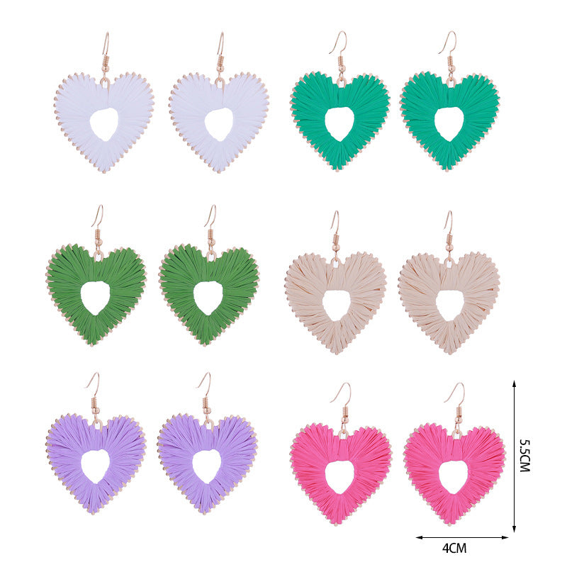 Colorful Raffia Heart Love Creative Fashion Earrings