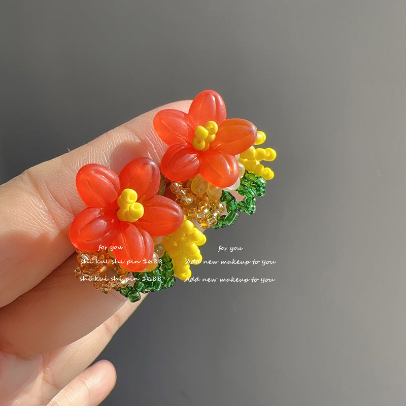 Aesthetic Color Matching Glaze Little Red Flower Female Beaded Ear Stud Earrings
