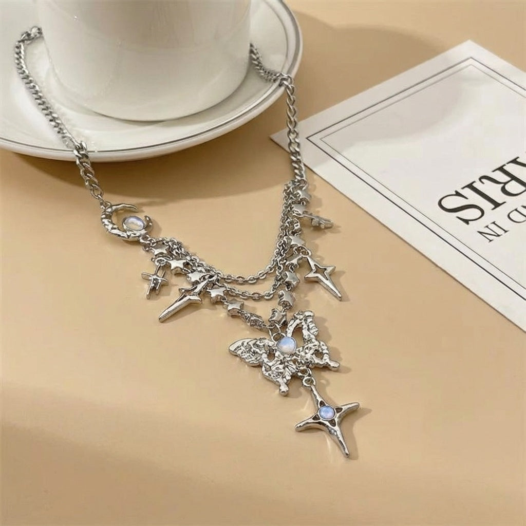 Cool Hot Rhinestone Butterfly Star Moon Tassel Multilayer Collarbone Female Necklace