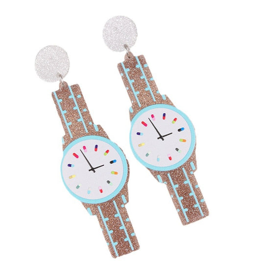 Women's Long Creative Color Mirror Watch Acrylic Earrings