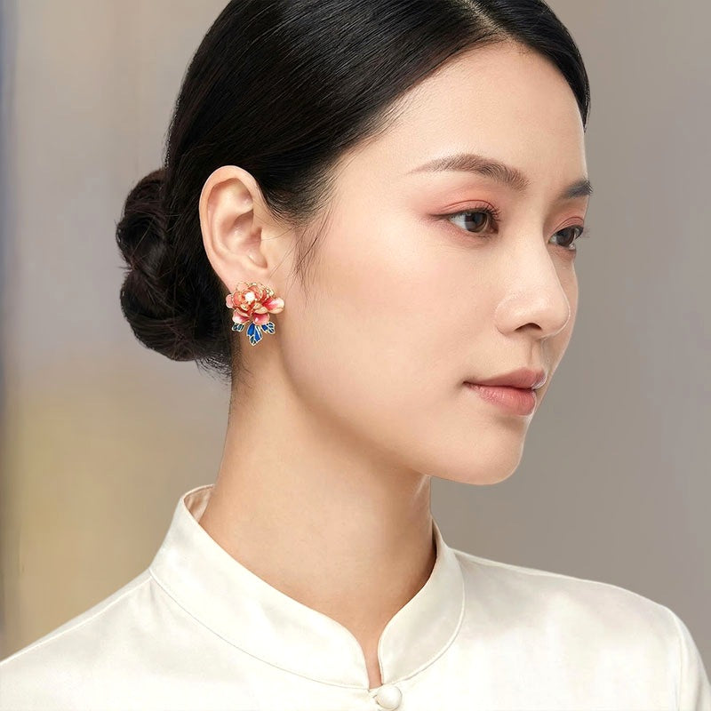 Peony Flower Light Luxury High Sense Glaze Earrings