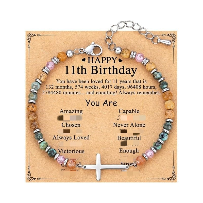 Women's Natural Stone Beaded Cross Lobster Buckle Adjustable Band Bracelet