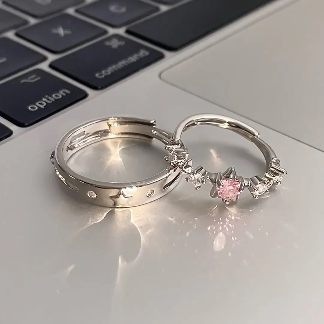 Women's & Men's Pink Niche Cute Bear Argent Pur Five-pointed Star Rings