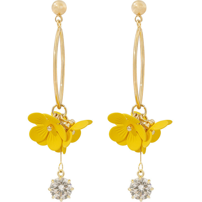 Women's Fashion Sier Fairy Flower Long Sweet Tassel Yellow Rings