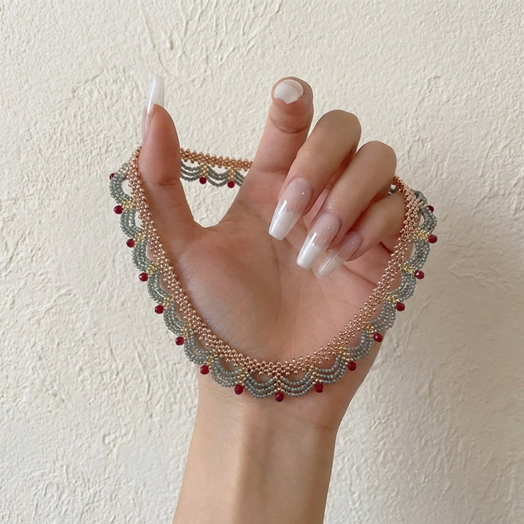 Women's Chinese Lace Red Blue Together Beaded Sense Of National Necklace