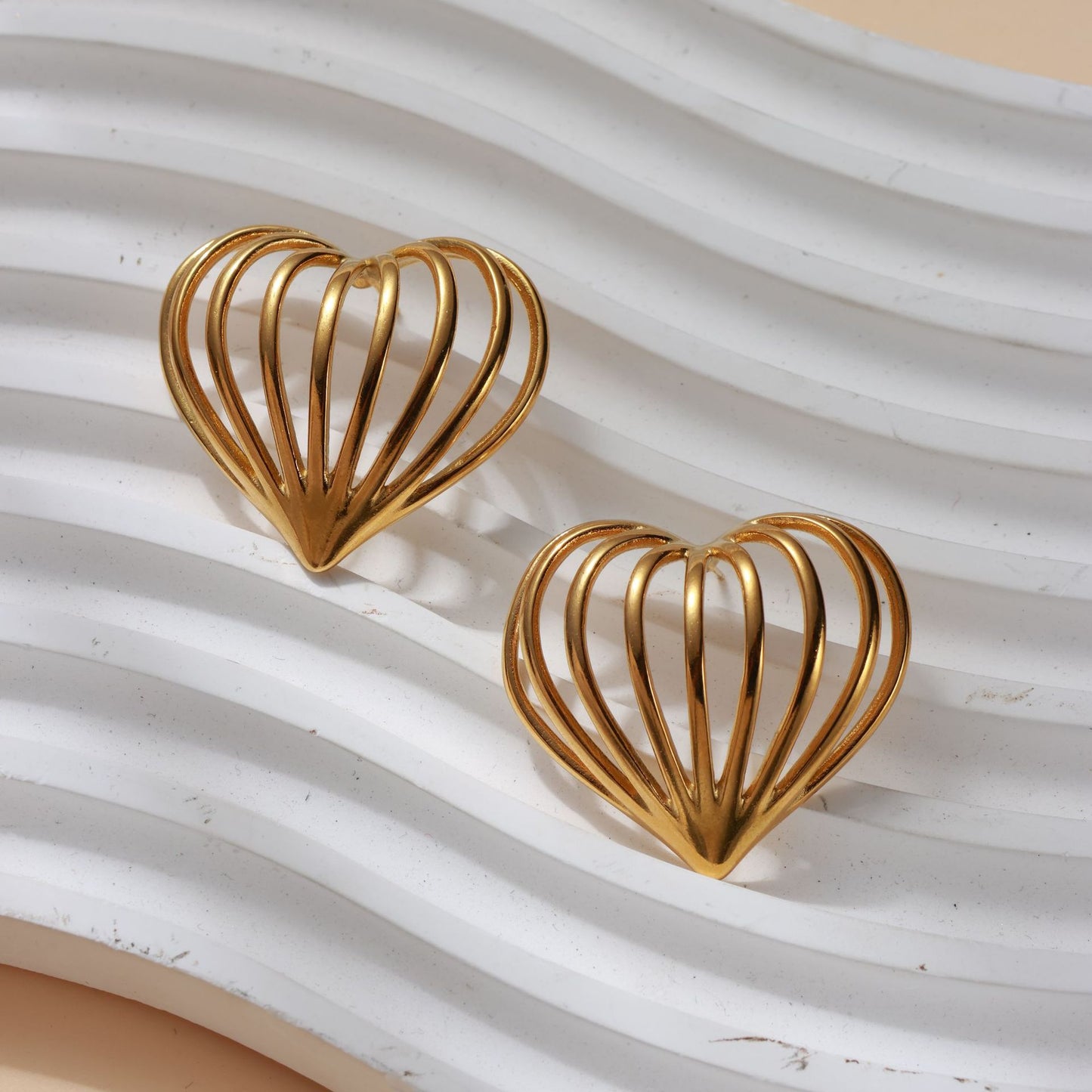 Gold Stainless Steel Heart Shape Hollow Stud Earrings