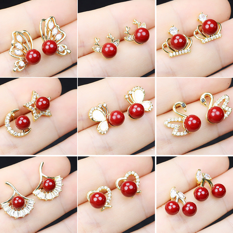 Purple Gold Sandstone Inlaid Ear Cherry Cinnabar Swan Female Earrings
