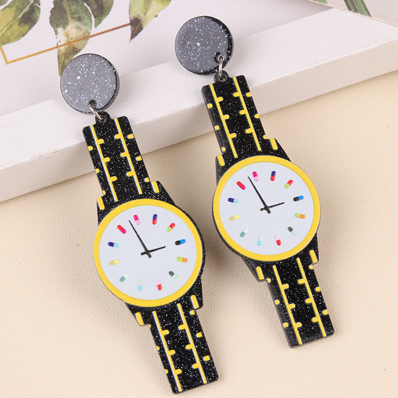 Women's Long Creative Color Mirror Watch Acrylic Earrings