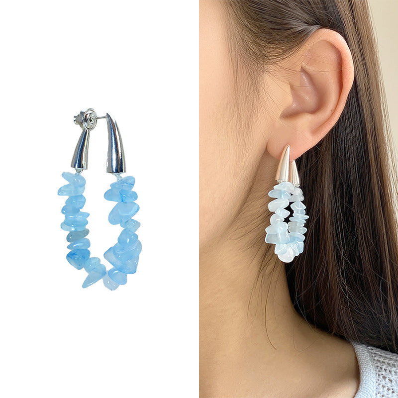 Crystal Gravel Ear Clip Pink Aquamarine Two-color For Summer Graceful Stud Earrings
