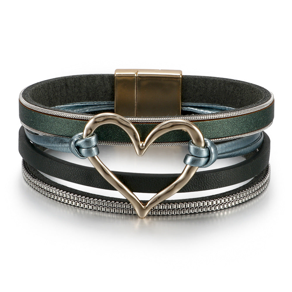 Women's Bohemian Style Leather Heart Fashion Magnetic Bracelet