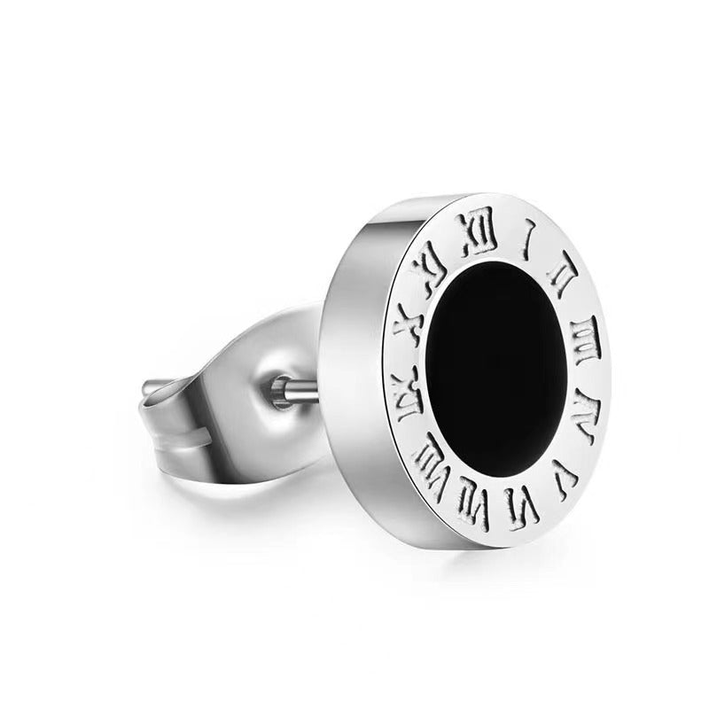 Men's Stainless Steel Roman Digital Drop Oil Personalized Puncture Stud Earrings