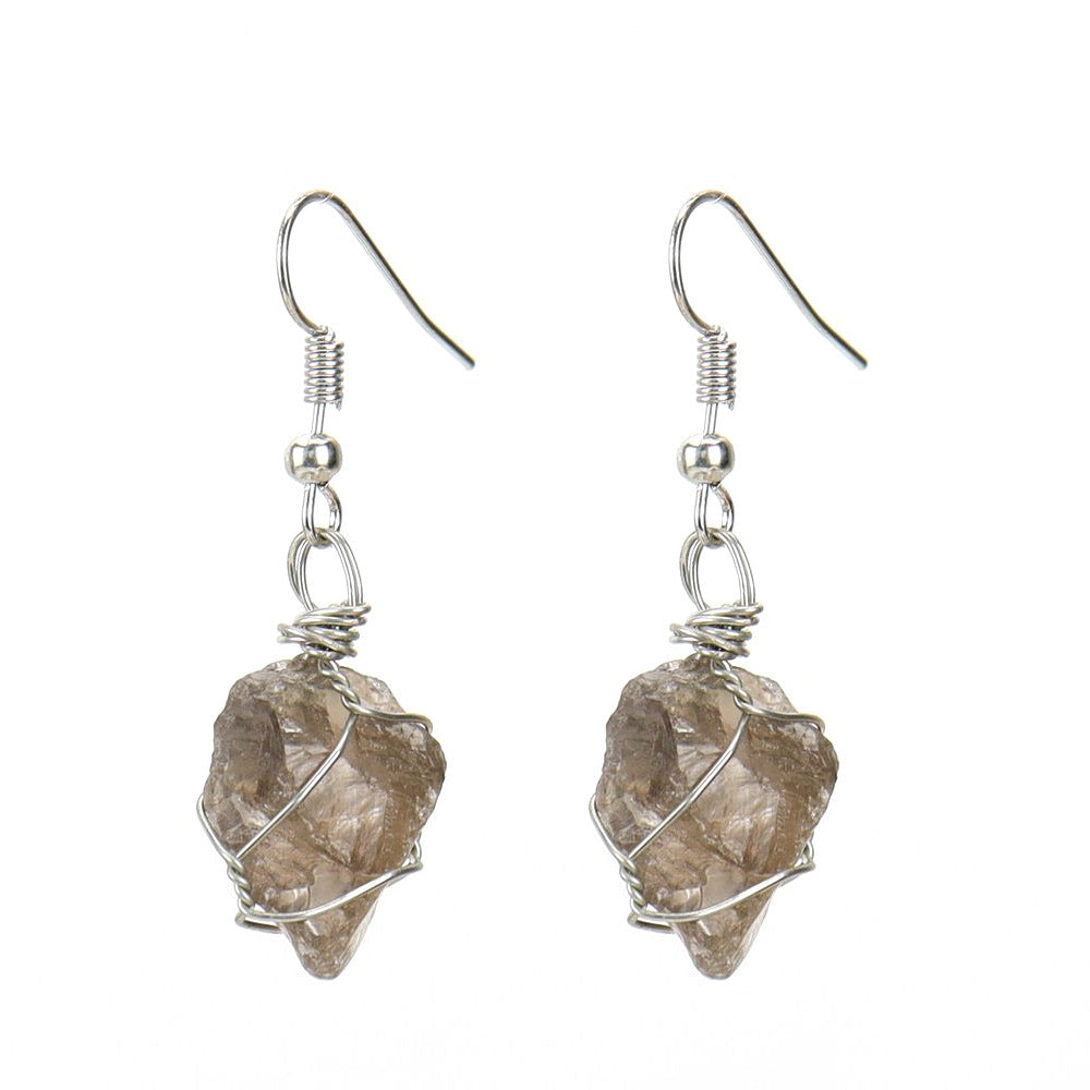 Women's Handmade Sier Winding Natural Stone Rough Crystal Agate Earrings
