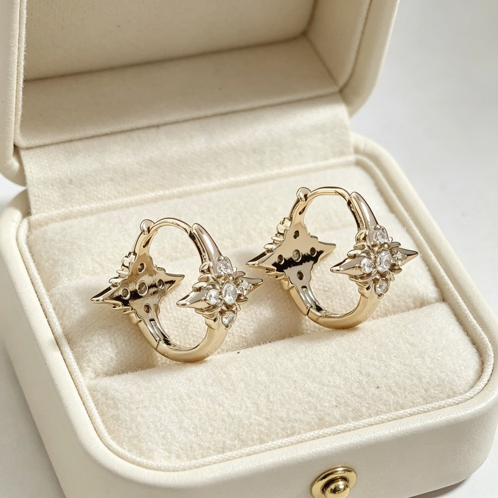Star Coffee Gold Double-sided Four Stars Female Niche Retro Ear Earrings