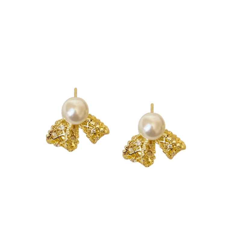 Women's French Style Super Fairy Lace Bow Pearl High-grade Earrings