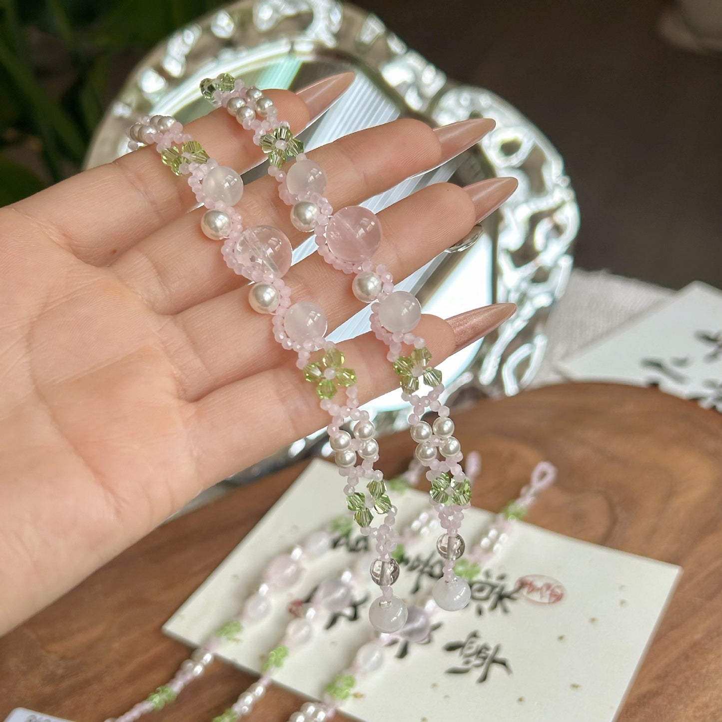 Pink Crystal Woven Small Flower Handmade Beaded Fresh Cute Niche Bracelet