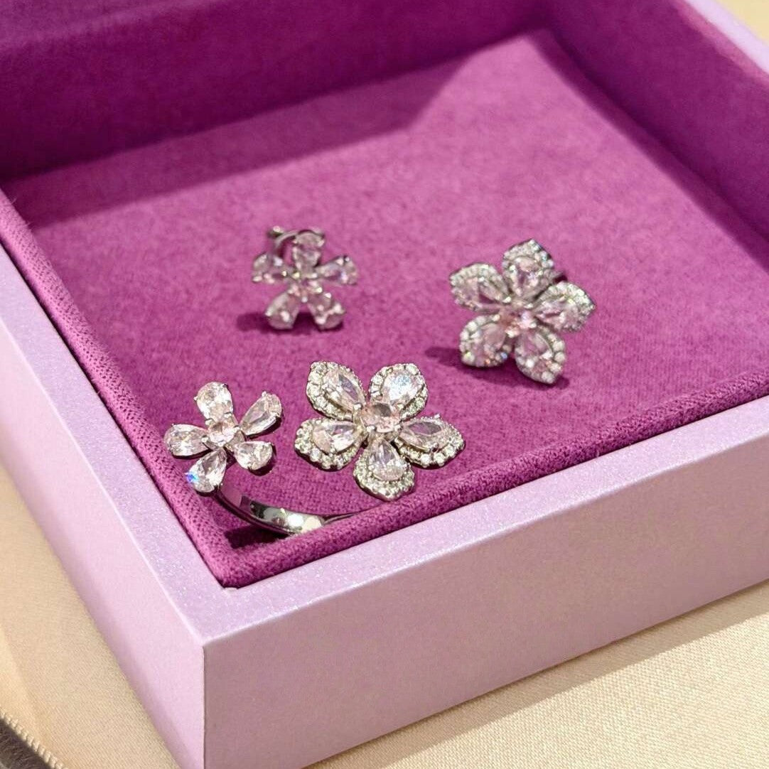 Women's Light Luxury High-grade Spring Cherry Blossom Pink Diamond Double Ring