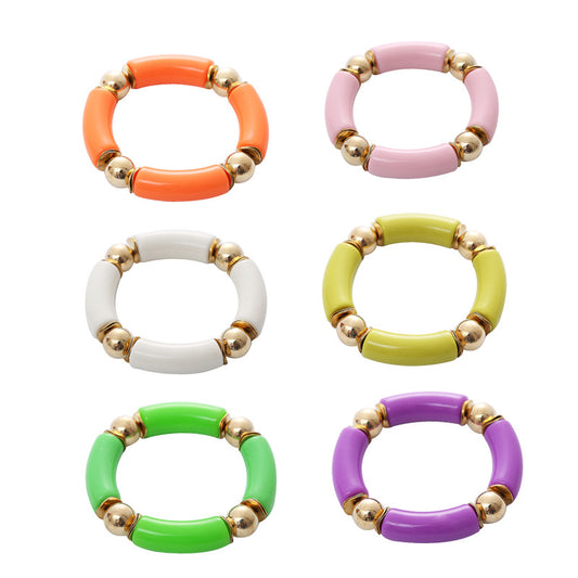 Thick Curved Tube Gold Beaded Stretch Bracelets