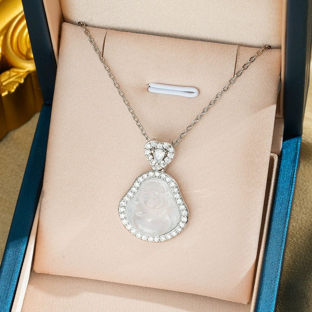 High Ice Chalcedony Buddha Titanium Steel Female Clavicle Necklaces