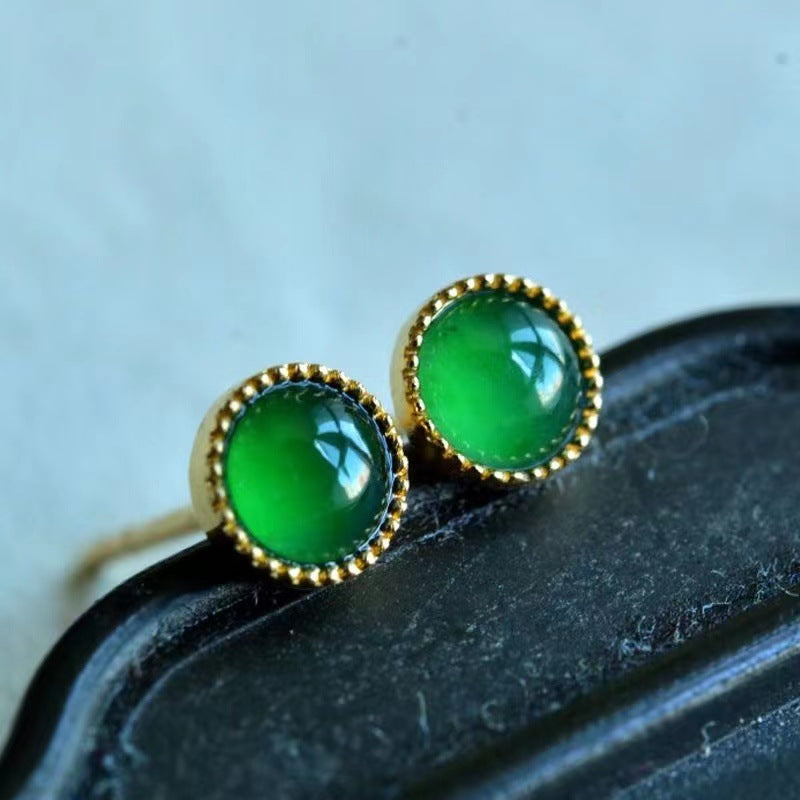 Imitation Chalcedony Copper Plated Inlaid Plastic Green Ear Simple Support Stud Earrings