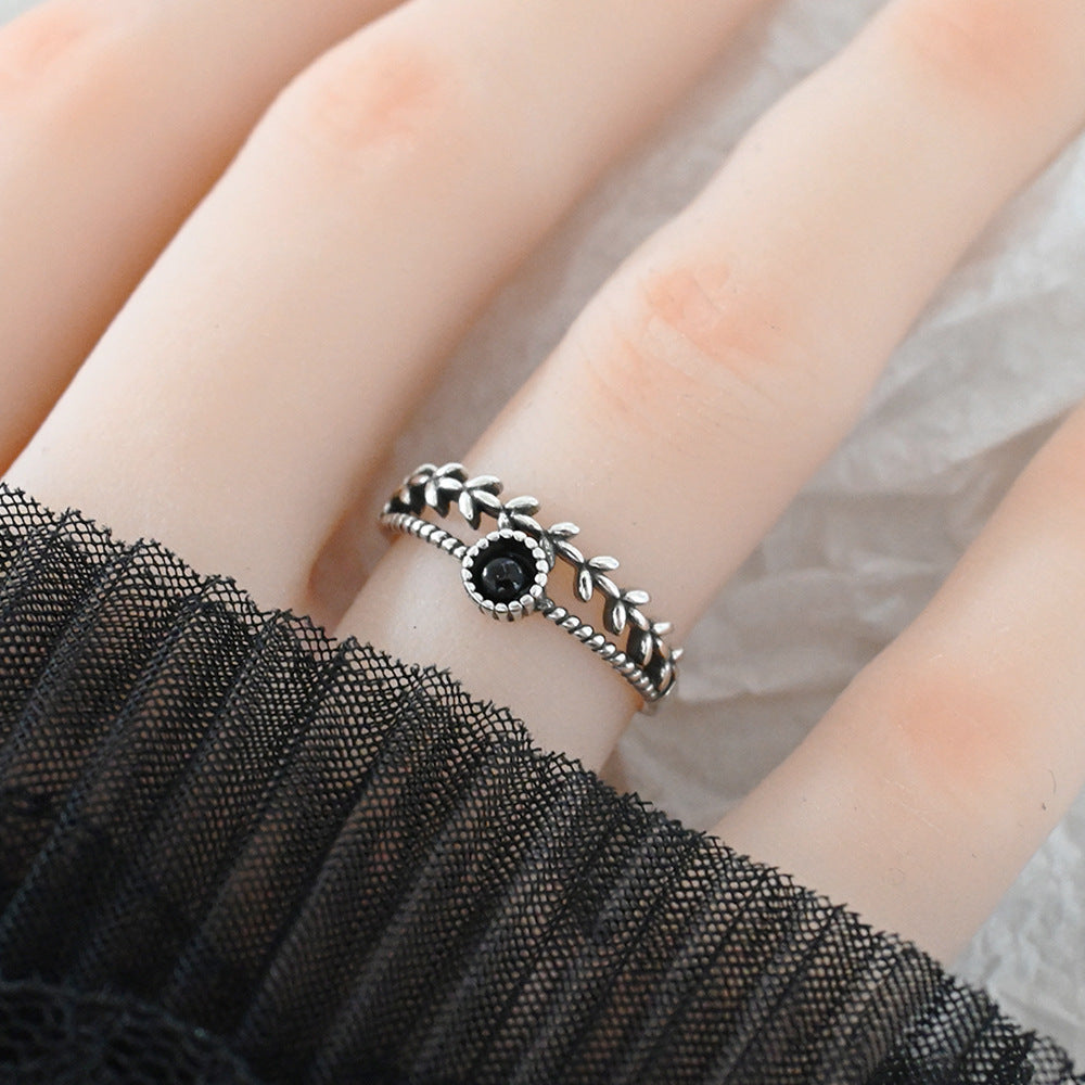 Zircon Overview Female Retro Minority Advanced Design Leaves Mori Style Ring