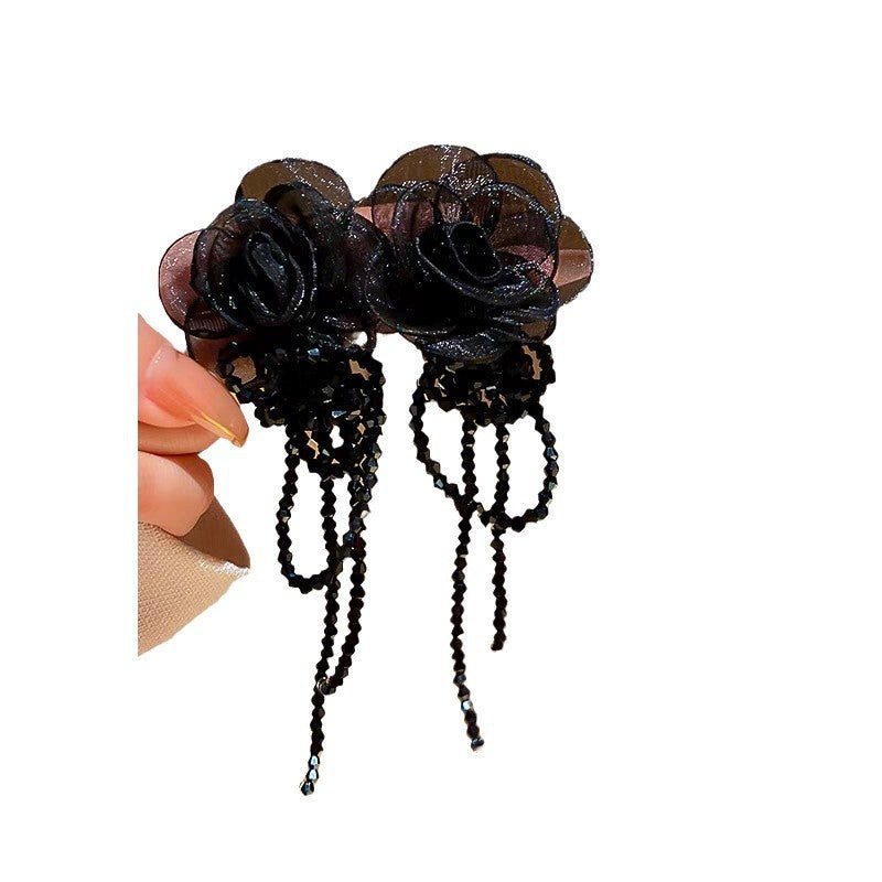 Women's Organza Flower Crystal Tassel Trendy Long Earrings