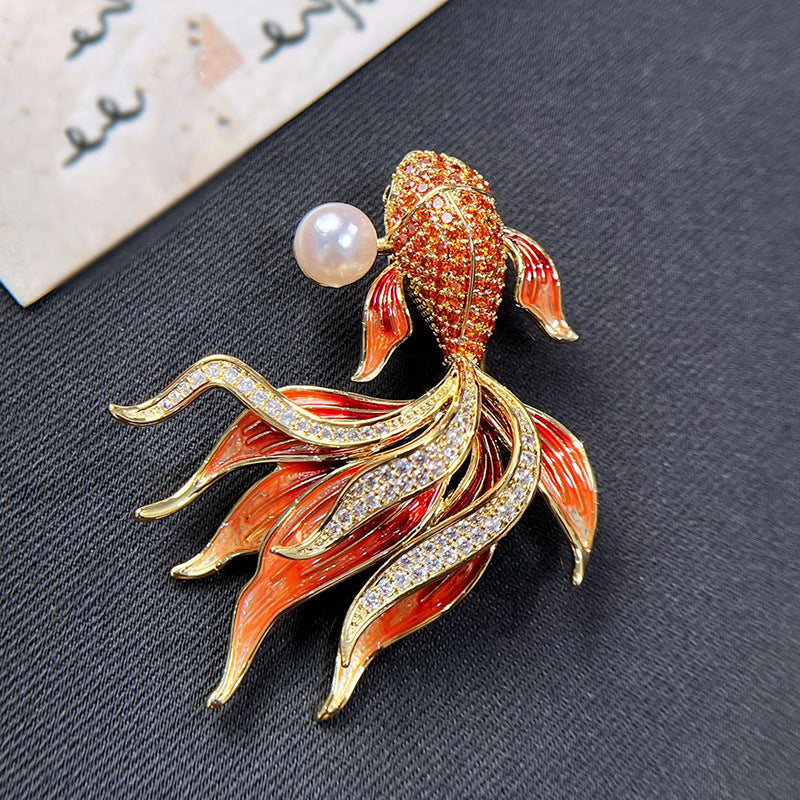 Traditional Koi Goldfish Brooch Enamel Gold Zircon Brooches