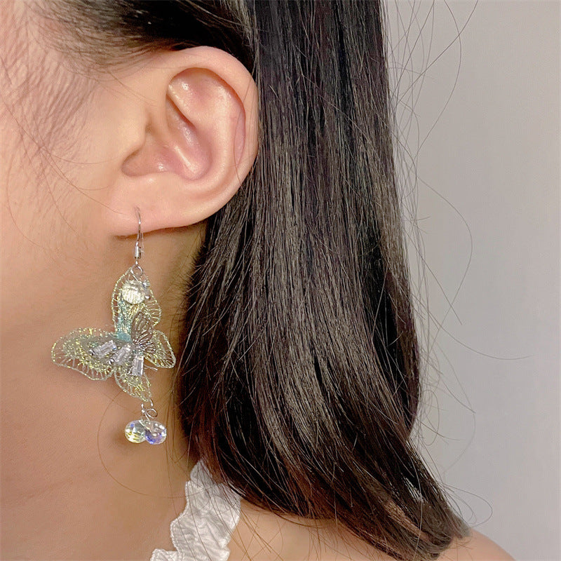 Korean Style Retro Green Butterfly Long Asymmetric Earrings