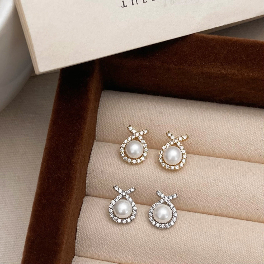 Women's Charming Cross Zircon Small Pearl Shang Commute Classic Style Simple Earrings