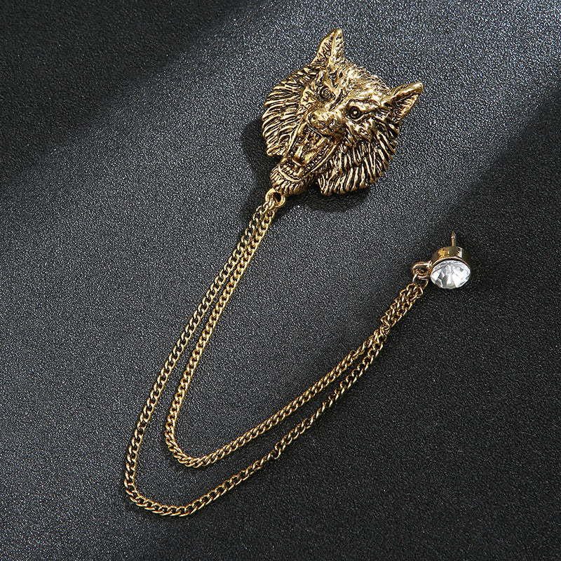 Men's Animal Lion's Head Corsage With Eagle Chain Brooches