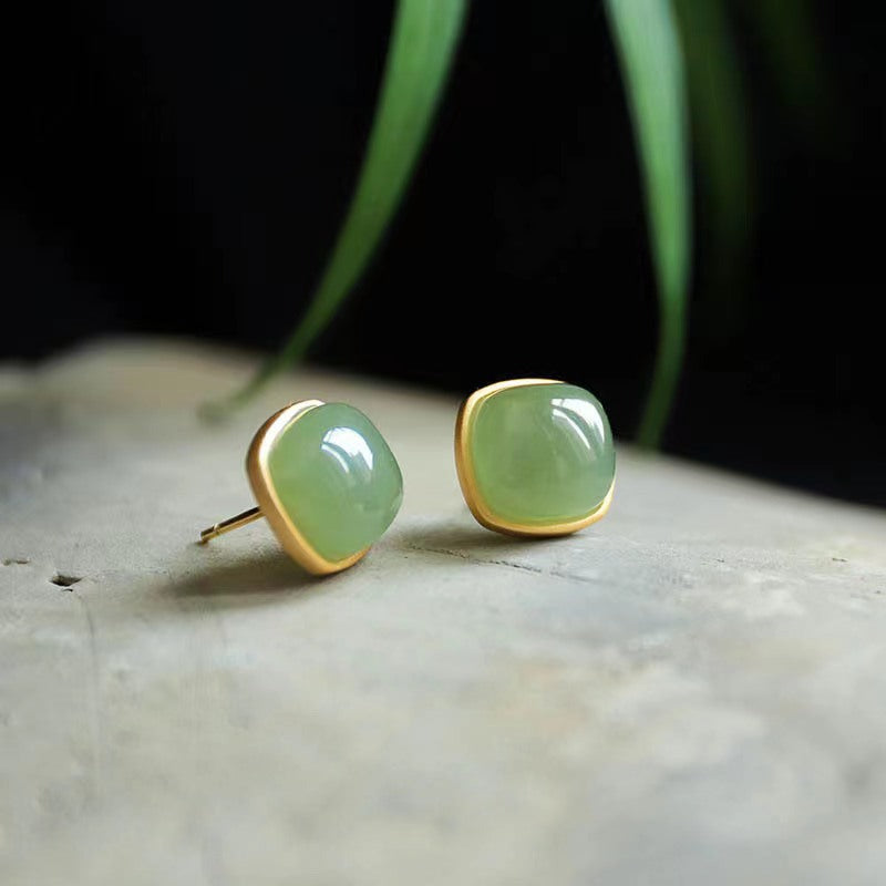 Style Natural Jade Green Square Simple Stud Earrings