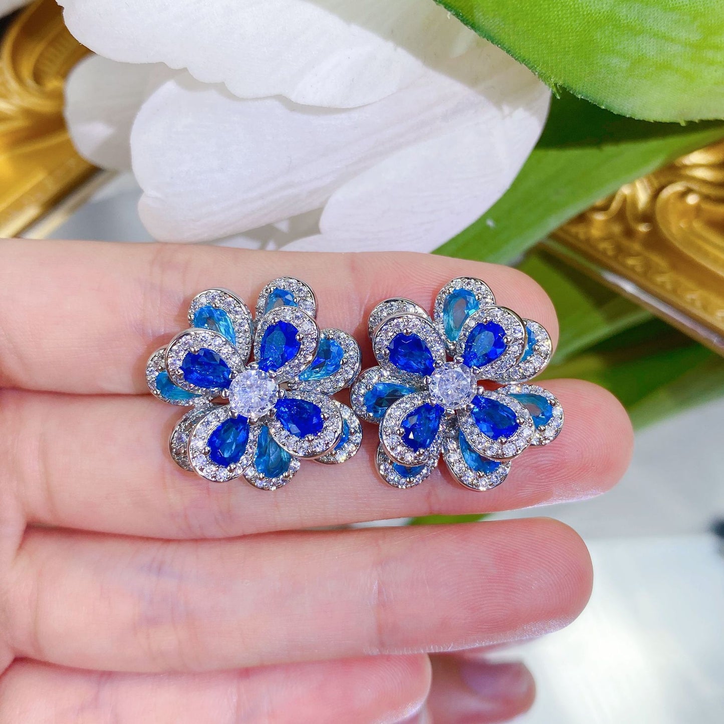 Live Broadcast Elegant Color Zircon Flower Simple Three-dimensional Camellia Jewelry Set