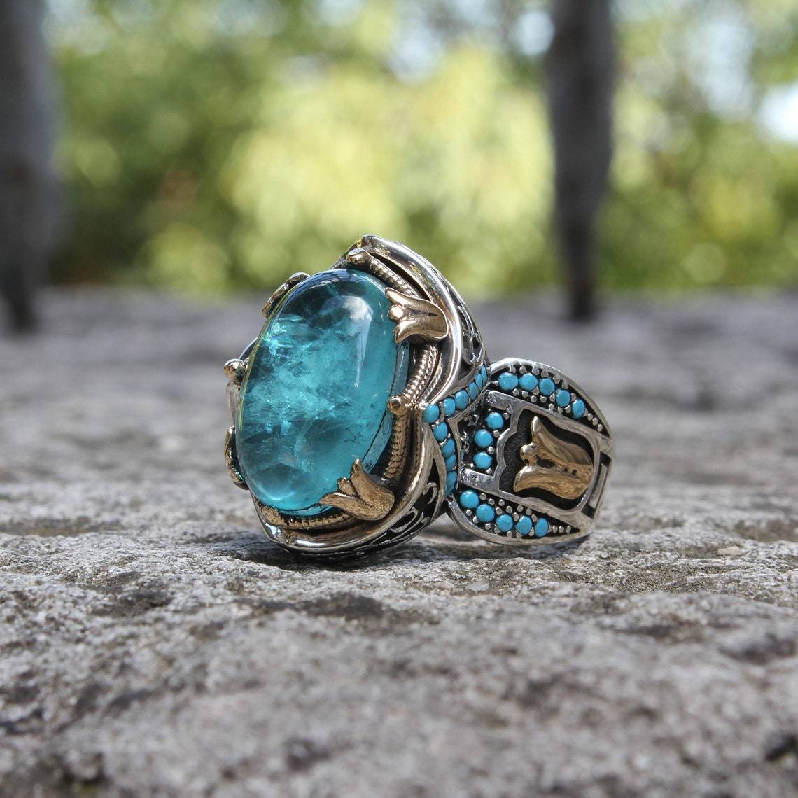 Blue With Carve Patterns Gemstone Two-tone Ring