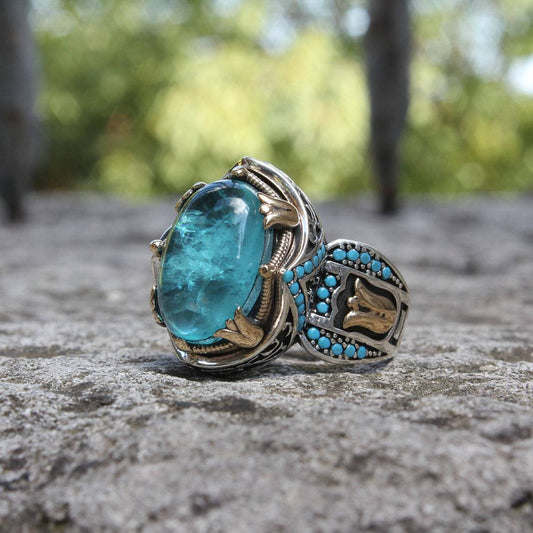 Blue With Carve Patterns Gemstone Two-tone Ring