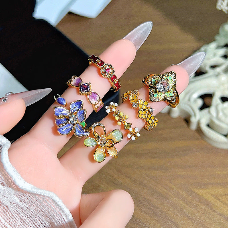 Colored Gems Flower Open Middle Ancient Ring