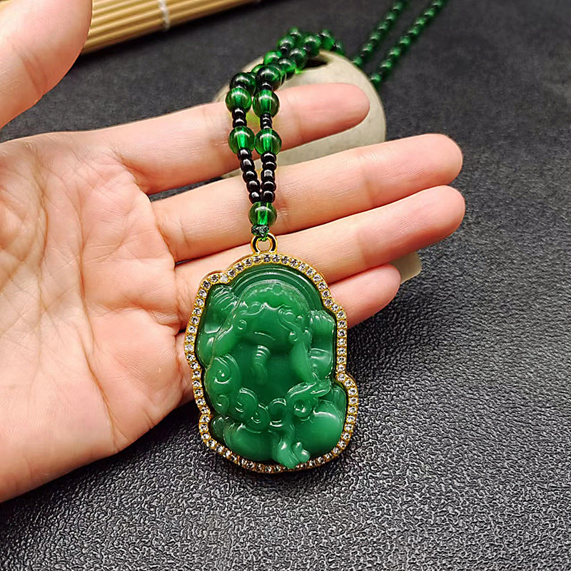 Buddha Imitation Jade Dark Green Fox Necklaces