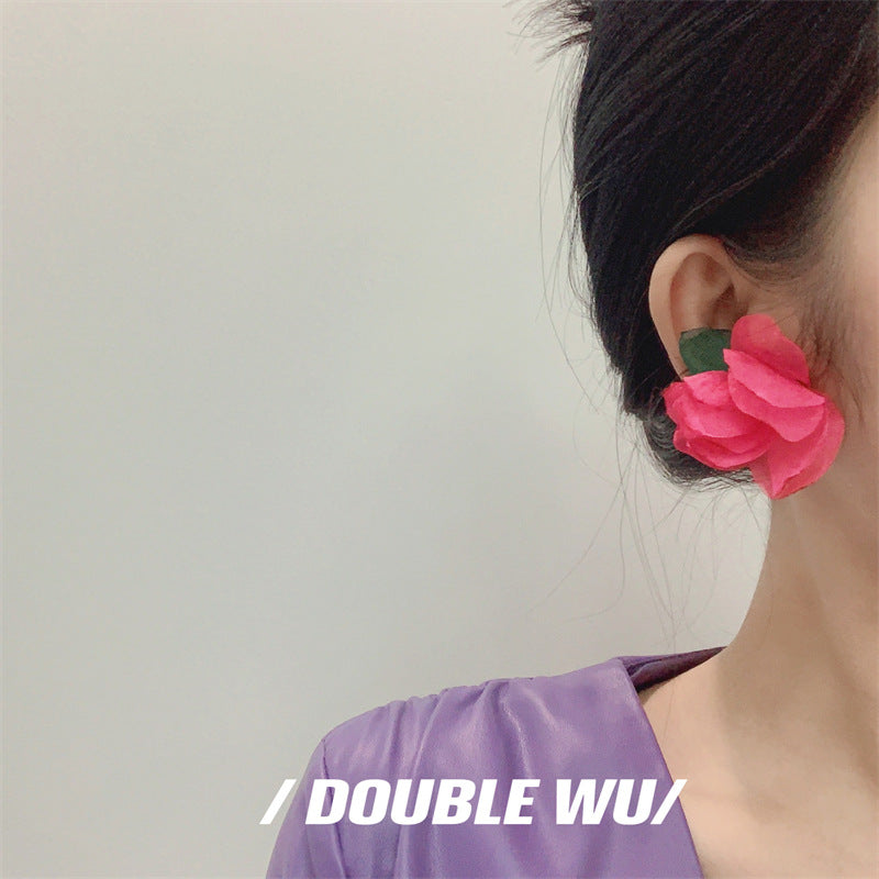 Burning Edge Chiffon Flower Female Sier Needle Earrings