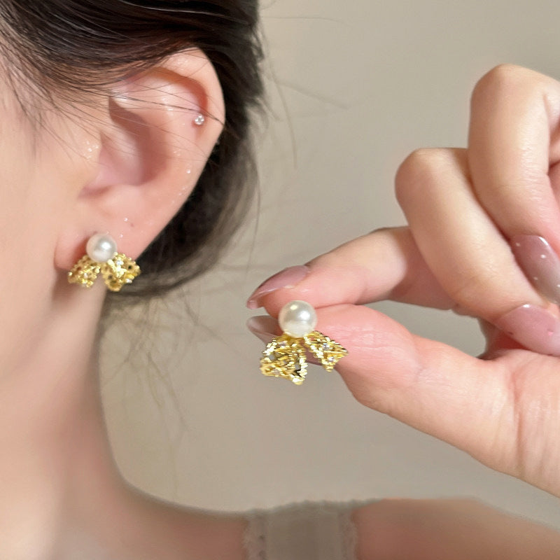 Women's French Style Super Fairy Lace Bow Pearl High-grade Earrings