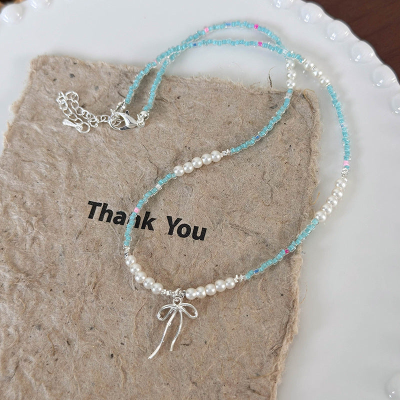 Summer Cool Color Short Blue Beaded Pearl Bow Clavicle Chain Necklaces