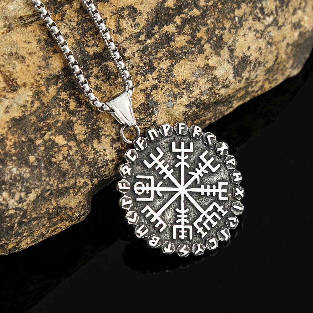 Steel Viking Compass Rune Retro Personality Necklace