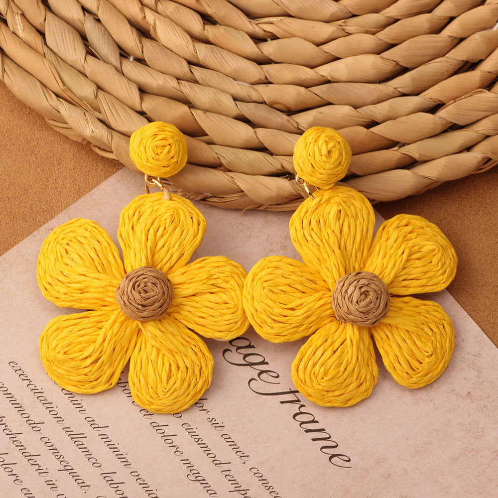 Retro Beach Vacation Bohemian Grass Rattan Woven Female Temperament Long Earrings