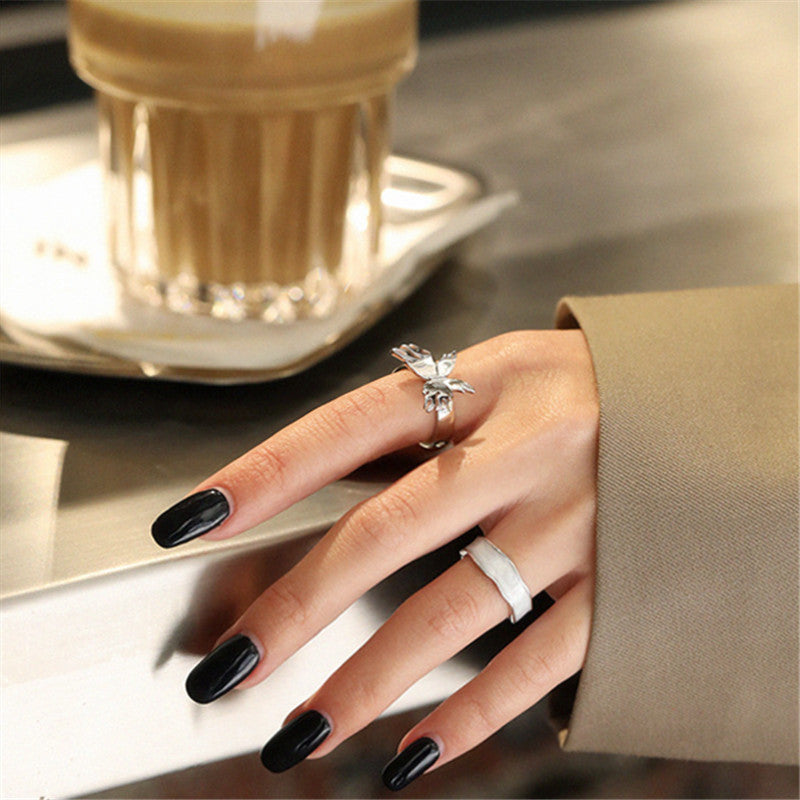 Black White Epoxy Open Female Tide Wave Concave Metal Rings