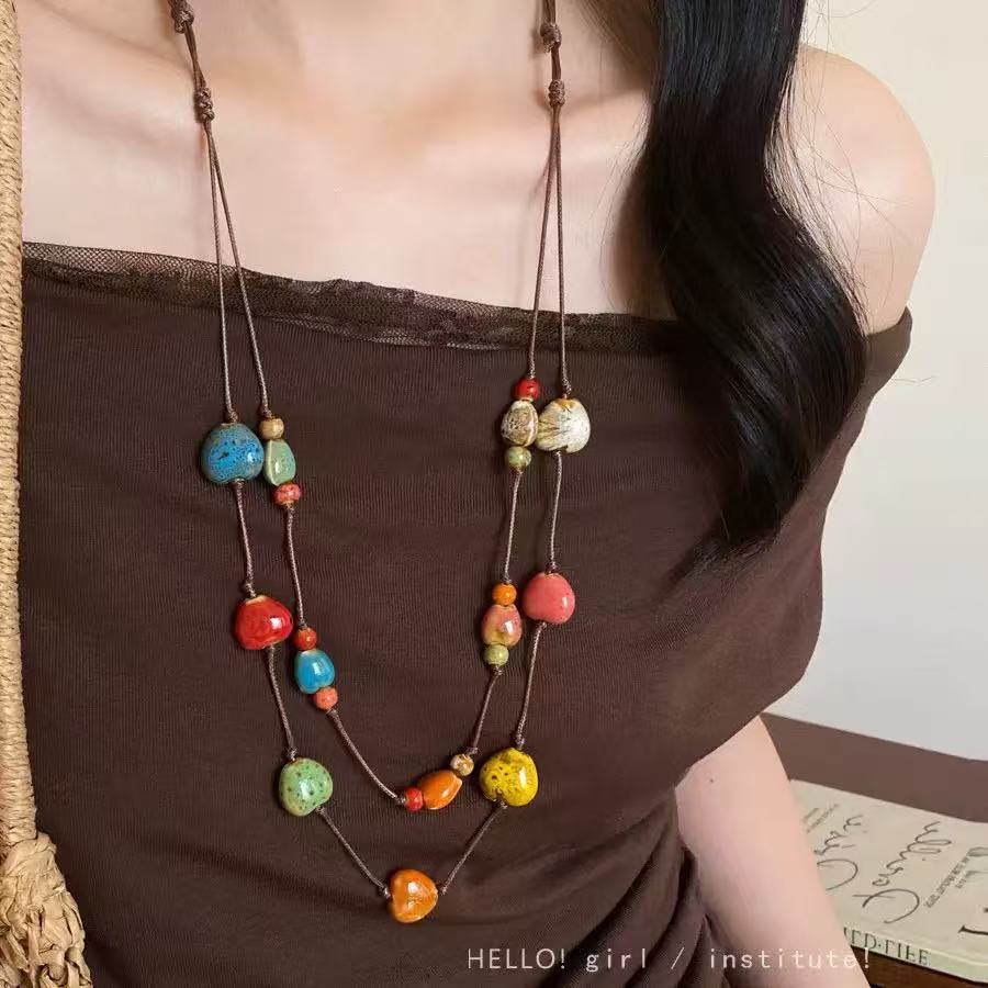 Vintage Beaded Long Twin Niche Clavicle Necklaces