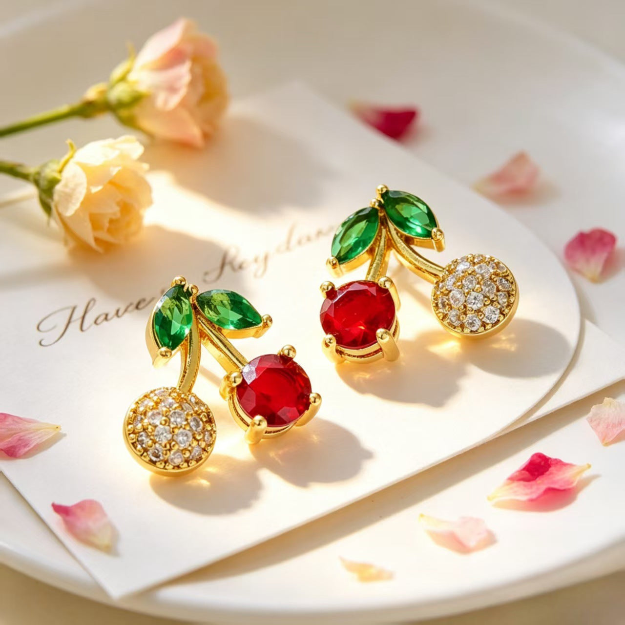Cherry Suite Red Green Zircon Vitality Girlish Style Daily Commuter Jewelry Set