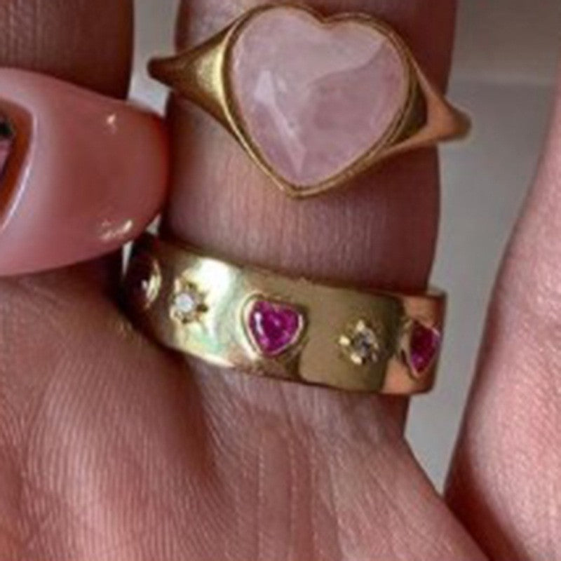 Circle Red Heart Zircon Titanium Steel Gold Ring