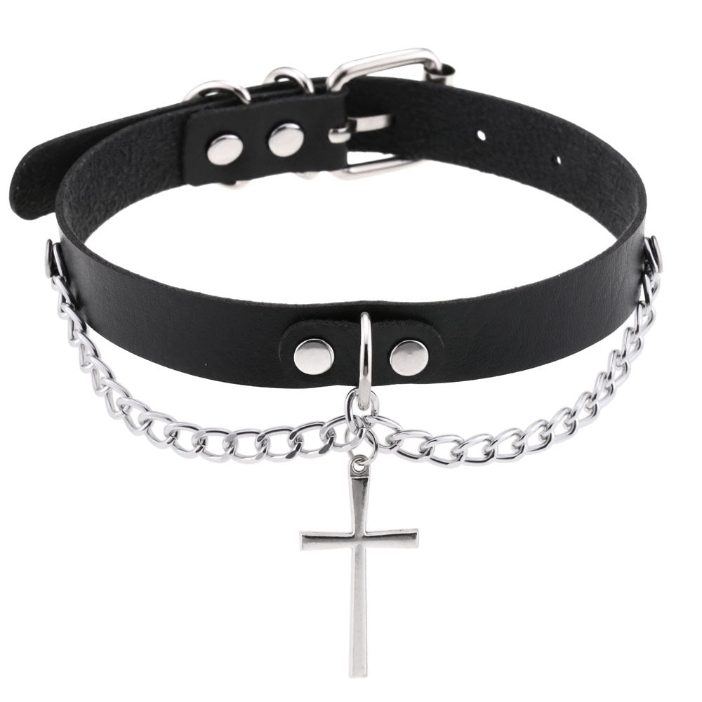 Leather Chain Cross Clavicle Classic Neckband Collar